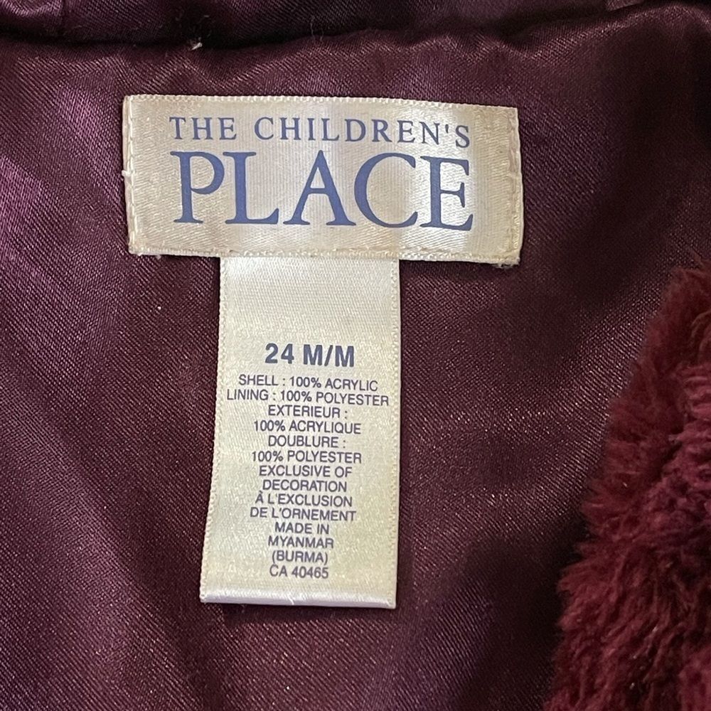 Children’s Place fuzzy burgundy winter jacket 24 months - Picture 7 of 7
